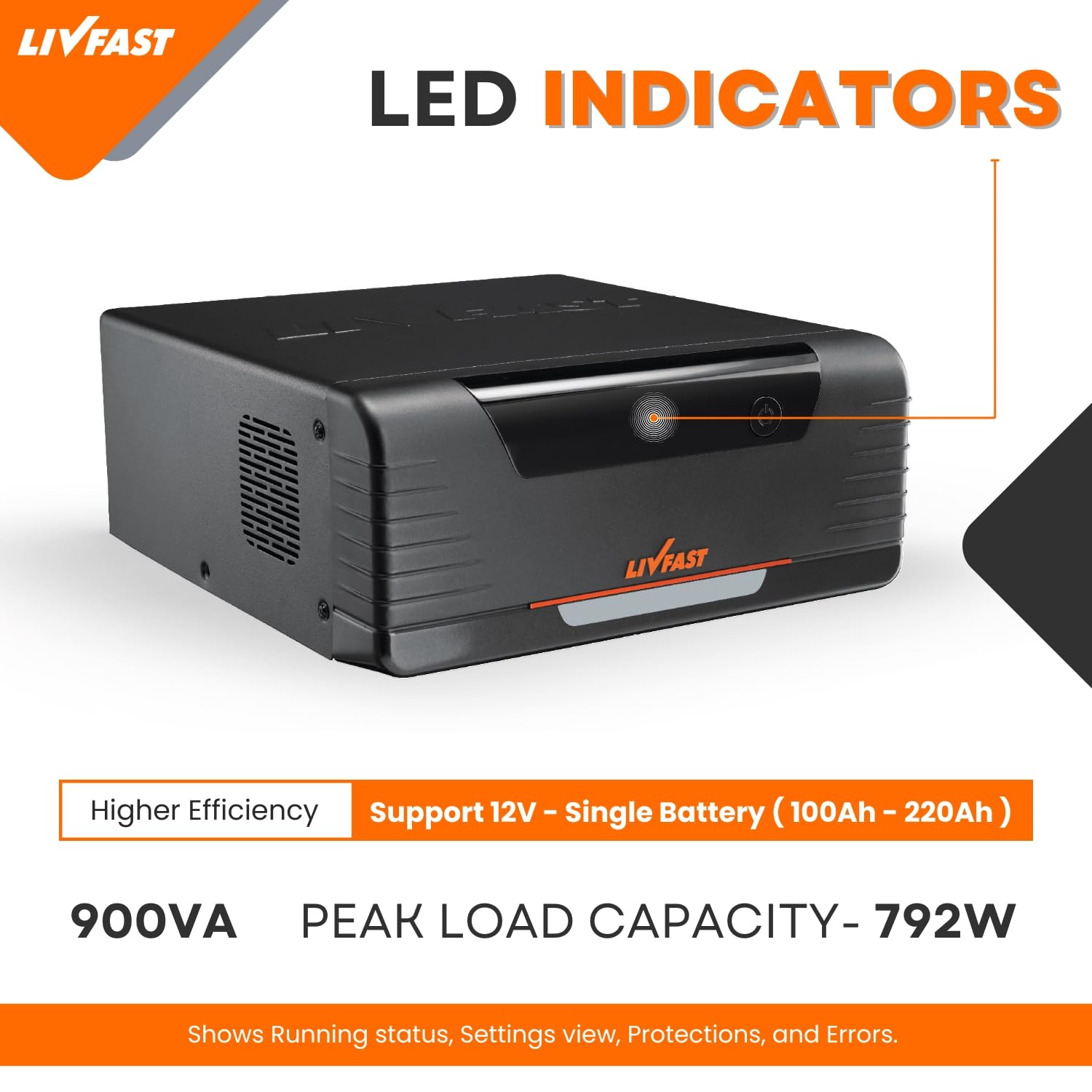Livfast Bolt+ 900VA 12V Square Wave Inverter with 25% Faster Charging Ideal for Home, Office and Shop with 3 Years Warranty | Supports 1 Inverter Battery of 12V - Image 2