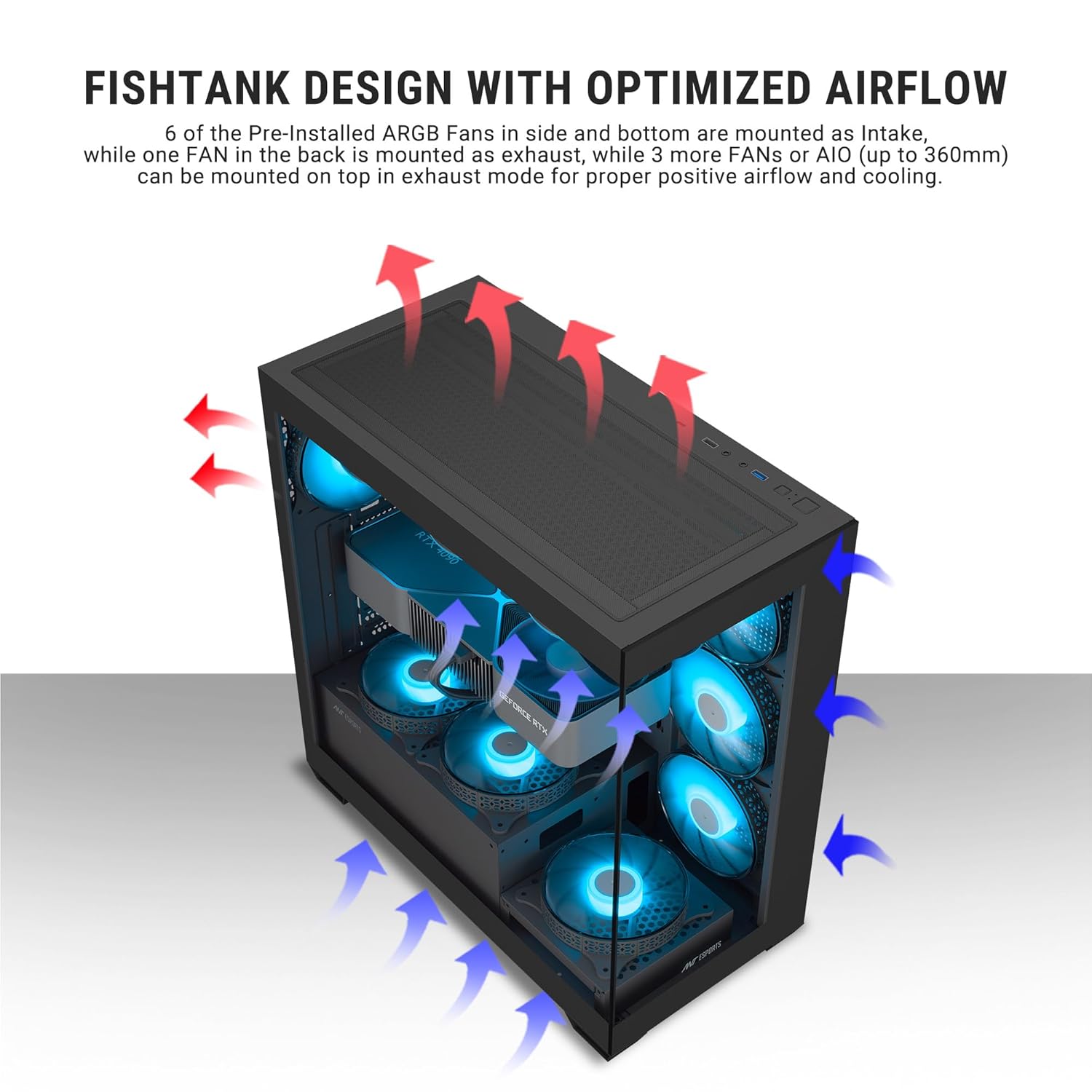 Ant Esports Crystal X7 ATX Computer Case/Gaming BlackType-C, supports ATX Micro-ATX Mini-ITX, 3 M/B plate fans, 2 PSU shroud fans - Image 3