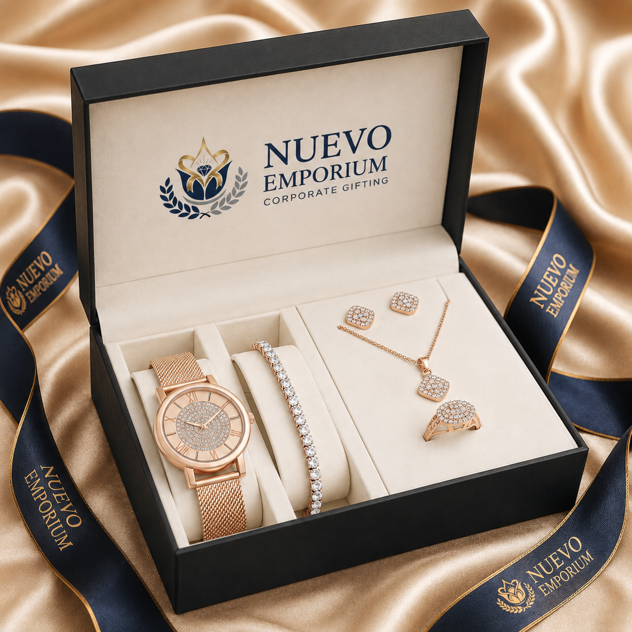 Nuevo RoseÉlan Premium Rose Gold Watch & Jewellery Gift Set for Women | Necklace, Earrings, Ring & Bracelet | Luxury Gift Box - Image 5