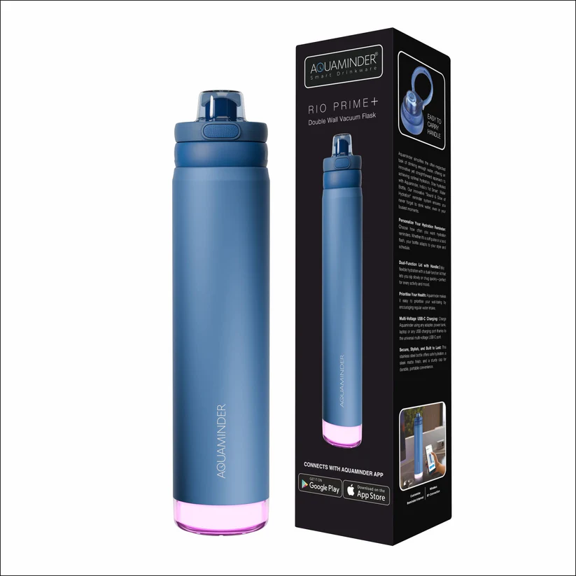 Aquaminder Rio Prime+ Smart Water Bottle, 700 ml with Beep & Glow Reminder Double Wall Stainless Steel, Hot & Cold Retention, 15-Day Battery (Navy Blue) - Image 1