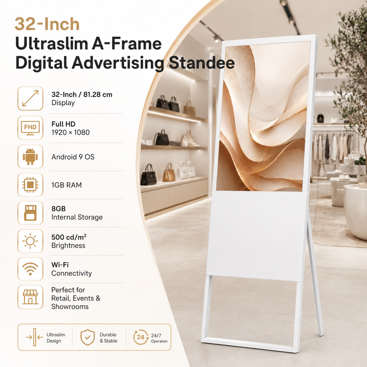 Ultraslim A-Frame Digital Advertising 32-Inch Standee | Floor Standing Digital Signage Screen for Retail, Events, Showrooms & Commercial Advertising - Image 6