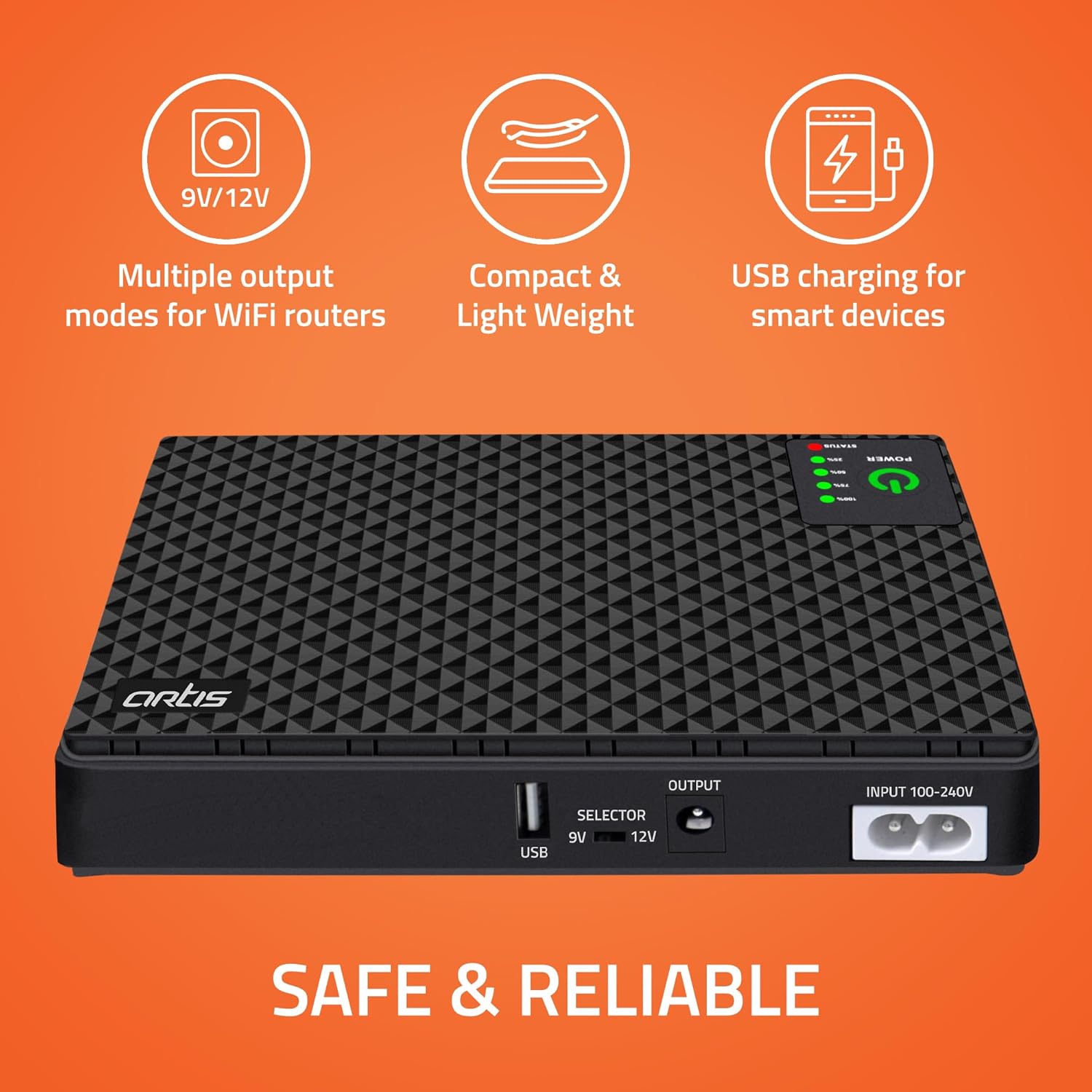 Artis AR-MINIDC-2 Mini UPS for WiFi Router/Modem/Set top Box Devices. 8800mAh Battery. Supports 9V/12V-1A/1.5A/2A Routers. USB Port Phone Charging. Battery Level Indicator. BIS Certified - Image 2
