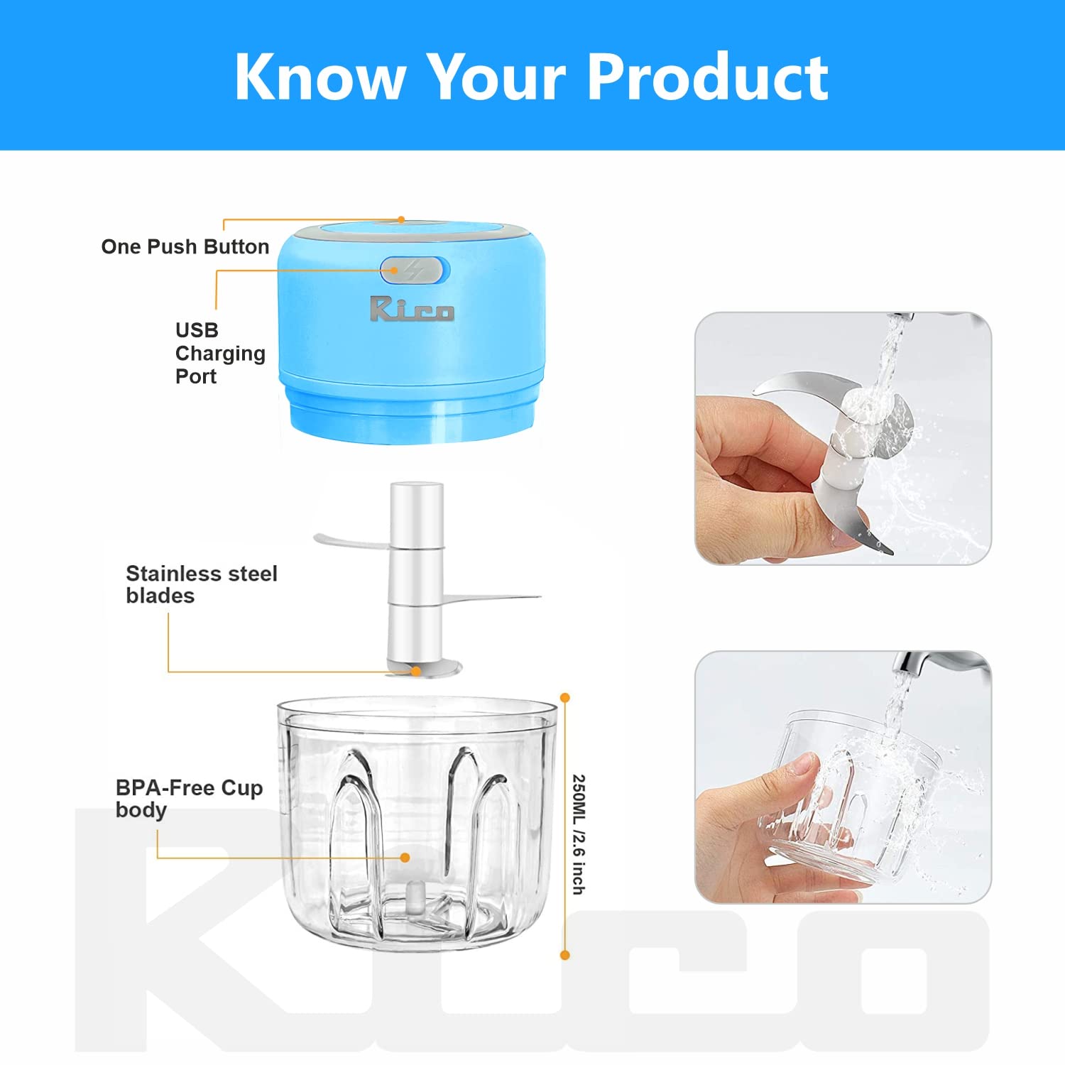 Rico Mini Electric Rechargeable Chopper for Kitchen | 1200mAh Battery, 50% Faster USB-C Charging | 250ml Onion & Vegetable Cutter | 1 Year Replacement Warranty | Ideal for Busy Moms (Blue) Rico Mini Electric Rechargeable Chopper for Kitchen | 1200mAh Battery, 50% Faster USB-C Charging | 250ml Onion & Vegetable Cutter | 1 Year Replacement Warranty | Ideal for Busy Moms (Blue) - Image 4