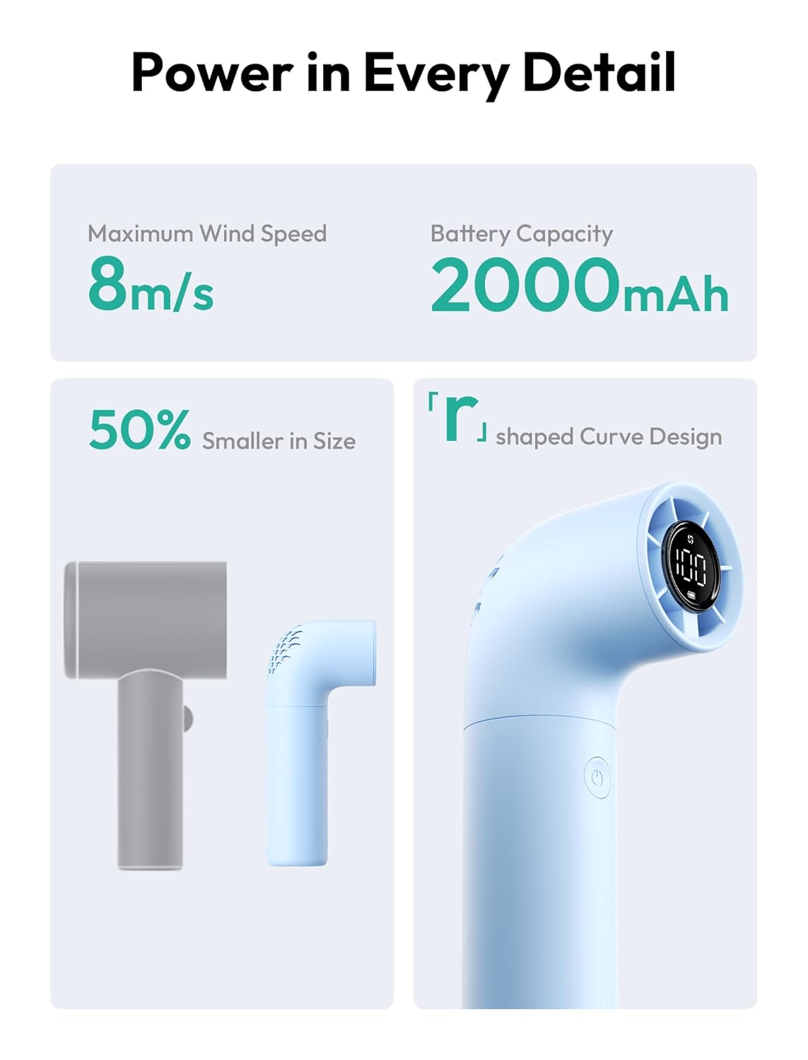 Aecooly Portable Handheld Fan, Powerful Turbo Mini Fan, 15000 RPM High Speed Aero, 8H Max Cooling Time, 4 Speeds Pocket Rechargeable Personal Small Travel GIfts for Women Men -Blue - Image 5