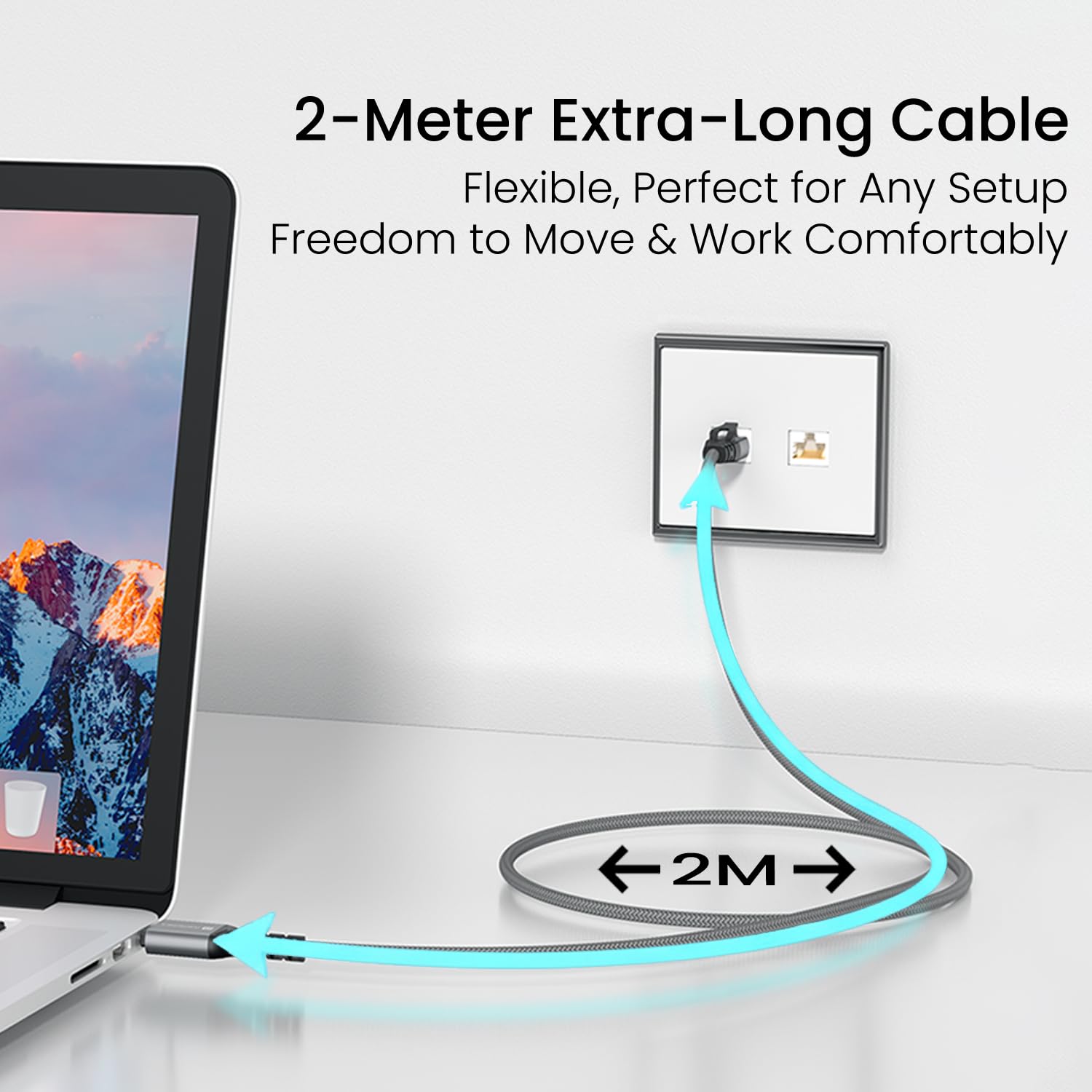 Portronics EtherC, Type-C to RJ45 Ethernet Cable, CAT-6 Certified, 1000 Mbps High-Speed Internet, Gold-Plated Connectors, Braided Nylon, 2 Meter Long, Compatible with Laptops, MacBook, iPad & More - Image 5