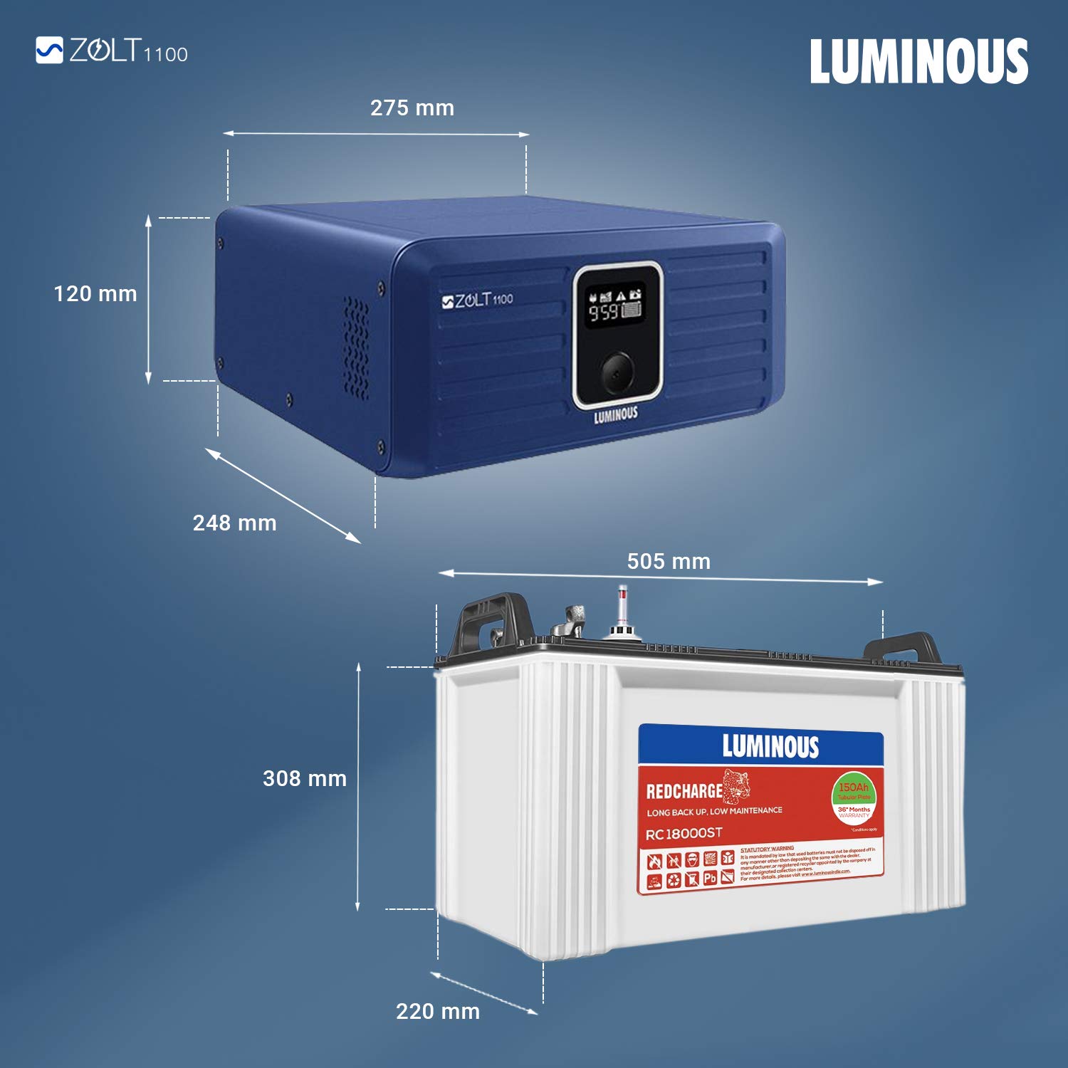 Luminous Inverter & Battery Combo with Trolley for Home, Shop & Office – Zolt 1100 (900VA/12V) Pure Sine Wave Inverter + RC18000ST 150Ah Short Tubular Battery | 36M Warranty on Inverter & Battery - Image 7