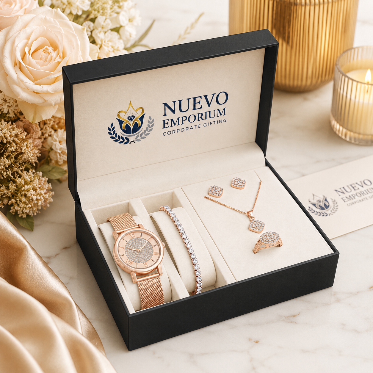 Nuevo RoseÉlan Premium Rose Gold Watch & Jewellery Gift Set for Women | Necklace, Earrings, Ring & Bracelet | Luxury Gift Box - Image 3