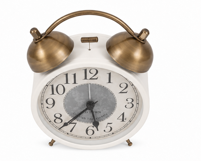 White Vintage Twin Bell Analog Alarm Clock with Antique Gold Bells - Image 2