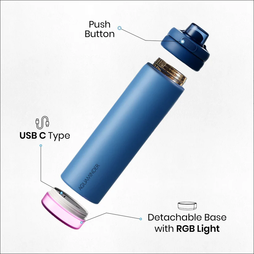 Aquaminder Rio Prime+ Smart Water Bottle, 700 ml with Beep & Glow Reminder Double Wall Stainless Steel, Hot & Cold Retention, 15-Day Battery (Navy Blue) - Image 6