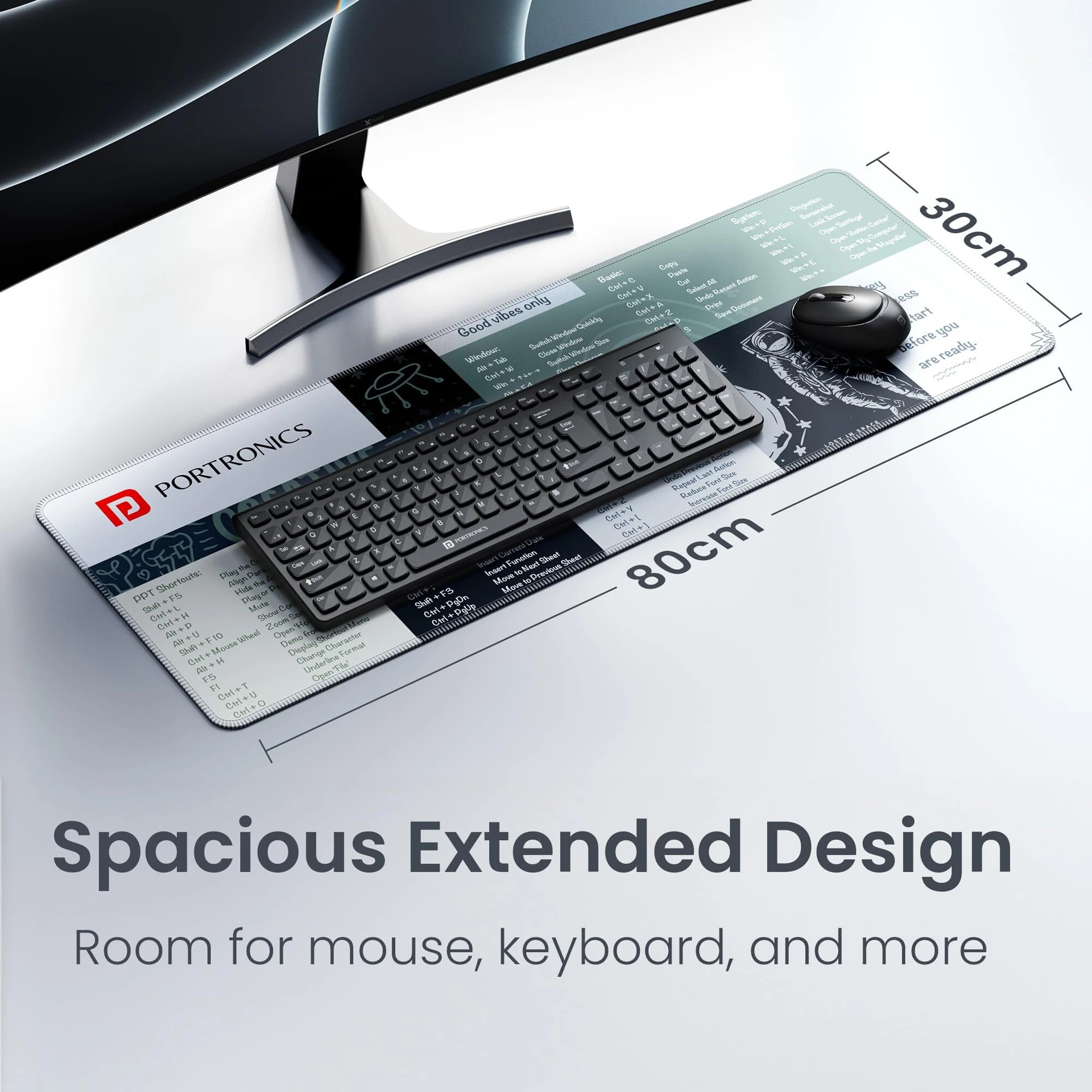 Portronics Comfipad 2 Extended Mouse Pad, Windows Shortcuts, Non-Slip Base, Stitched Edges Non Slip Base Mousepad (Grey) - Image 2