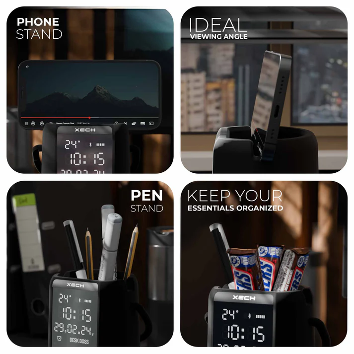 Xech Alarm Clock For Heavy Sleepers Digital Led Clocks With Speaker Mobile Phone Stand Pen Holder Rgb Lights Usb C Powered Desk Clocks For Study Table (Deskboss) (Black) - Image 5