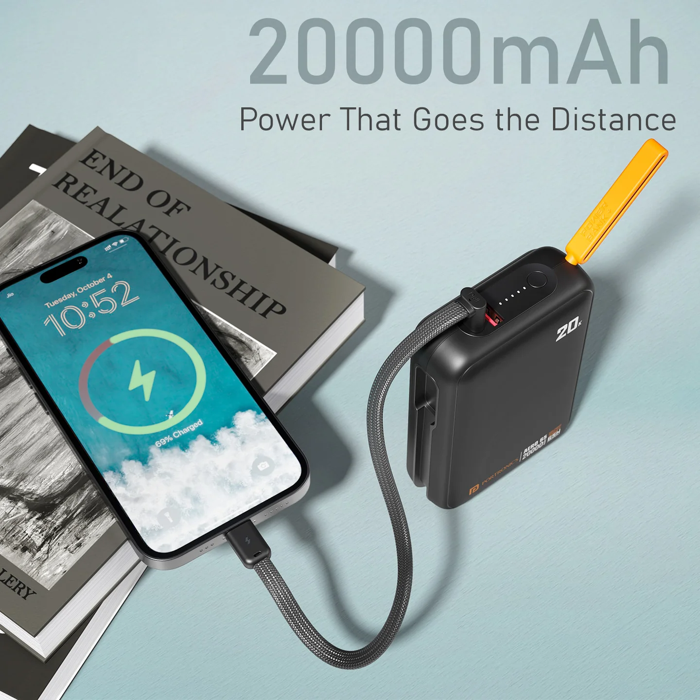 Portronics Aero 65 20000mAh 65W Fast Charging Power Bank with Built-in Type-C Cable, LED Display, USB-C PD & USB-A Port – Black - Image 6