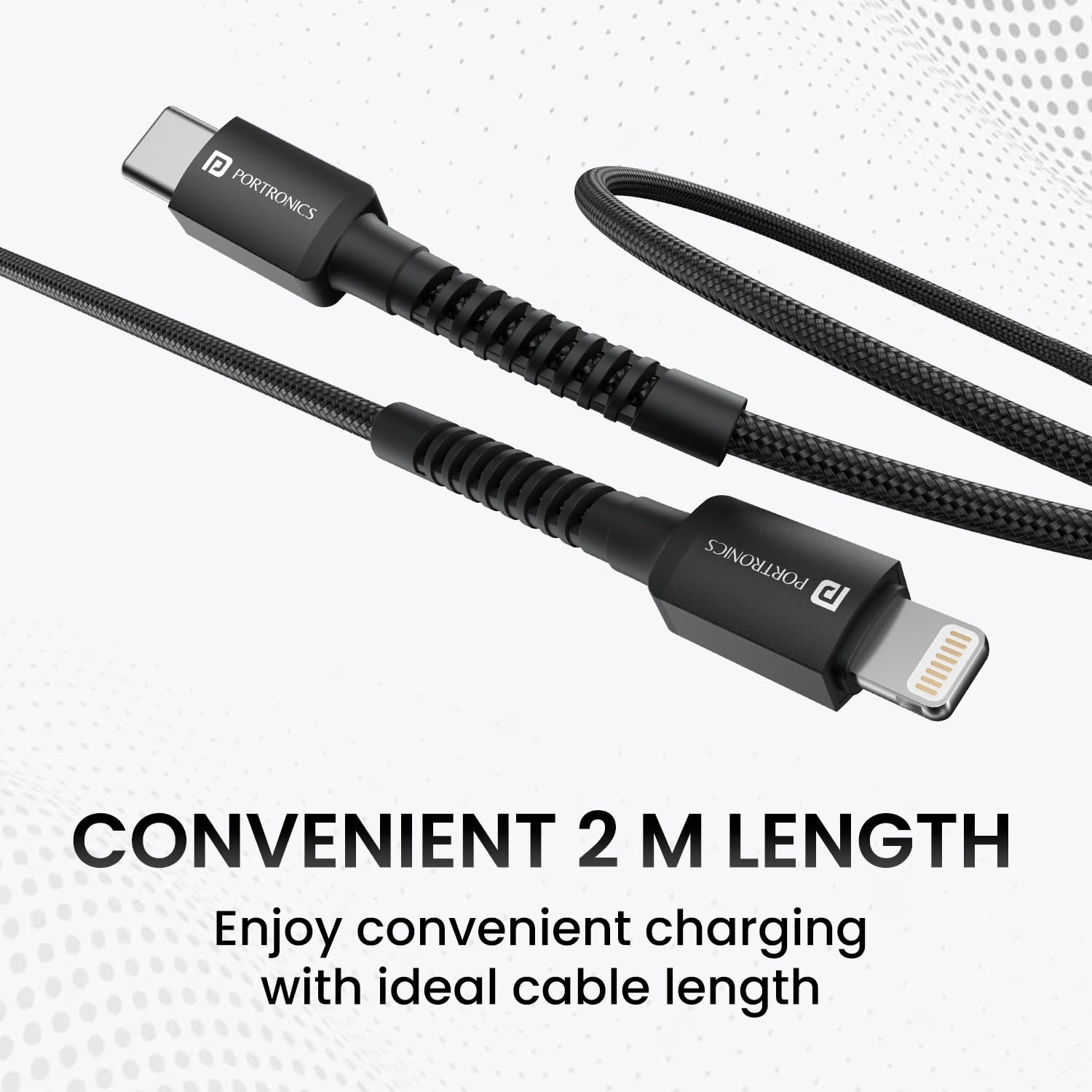 Portronics Konnect X 27W Type C to 8 Pin Fast Charging Strong Braided Cable, Metal Heads, 2M Length, Supports all 8 Pin & Lightning Devices (Black) - Image 4