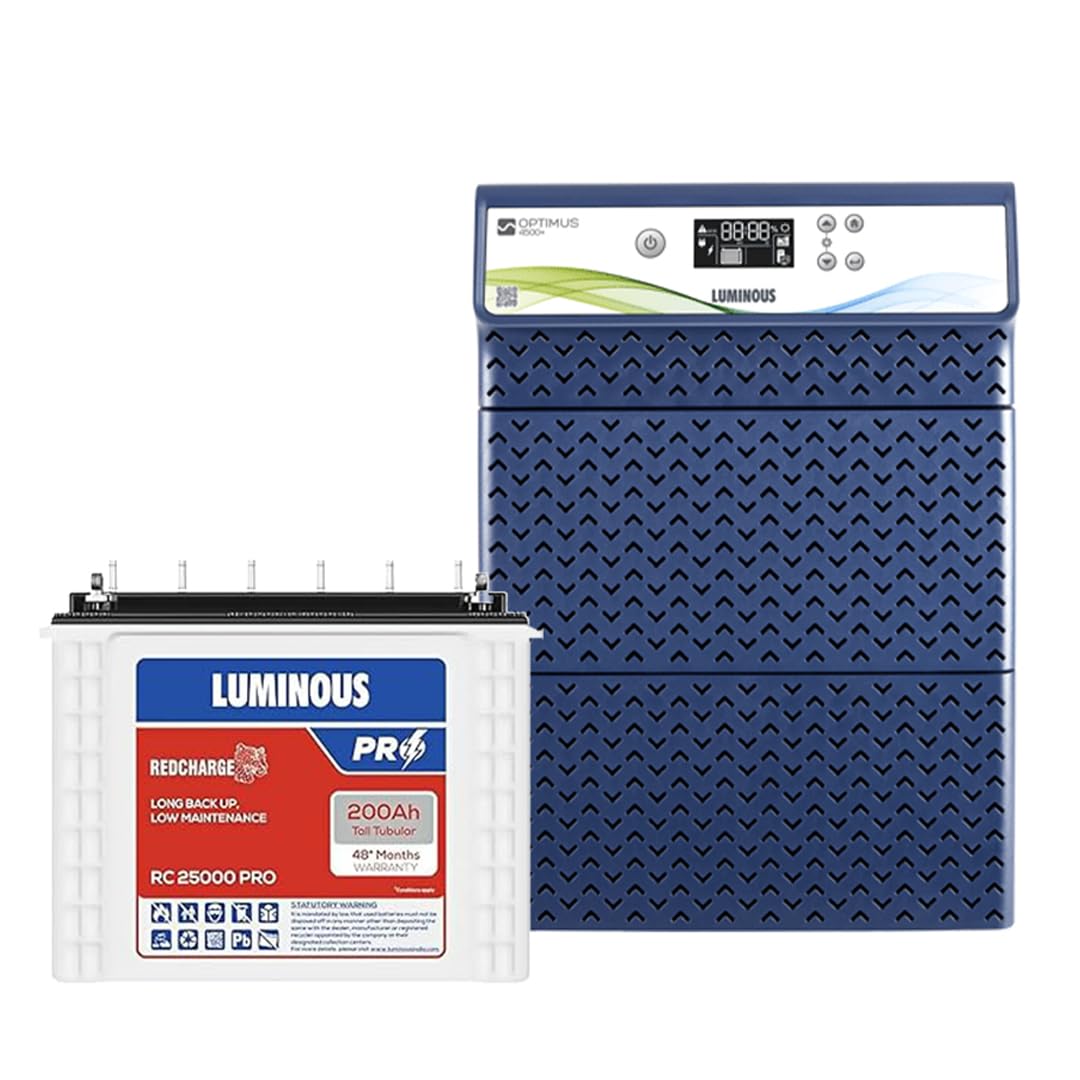 Luminous HKVA Inverter for Home, Office & Shop with Luminous Battery, Optimus 4500+ Pure Sine Wave 4000VA,48 Volt Inverter with Red Charge RC 25000 PRO Tall Tubular 200 Ah- 4 Batteries Combo. - Image 1
