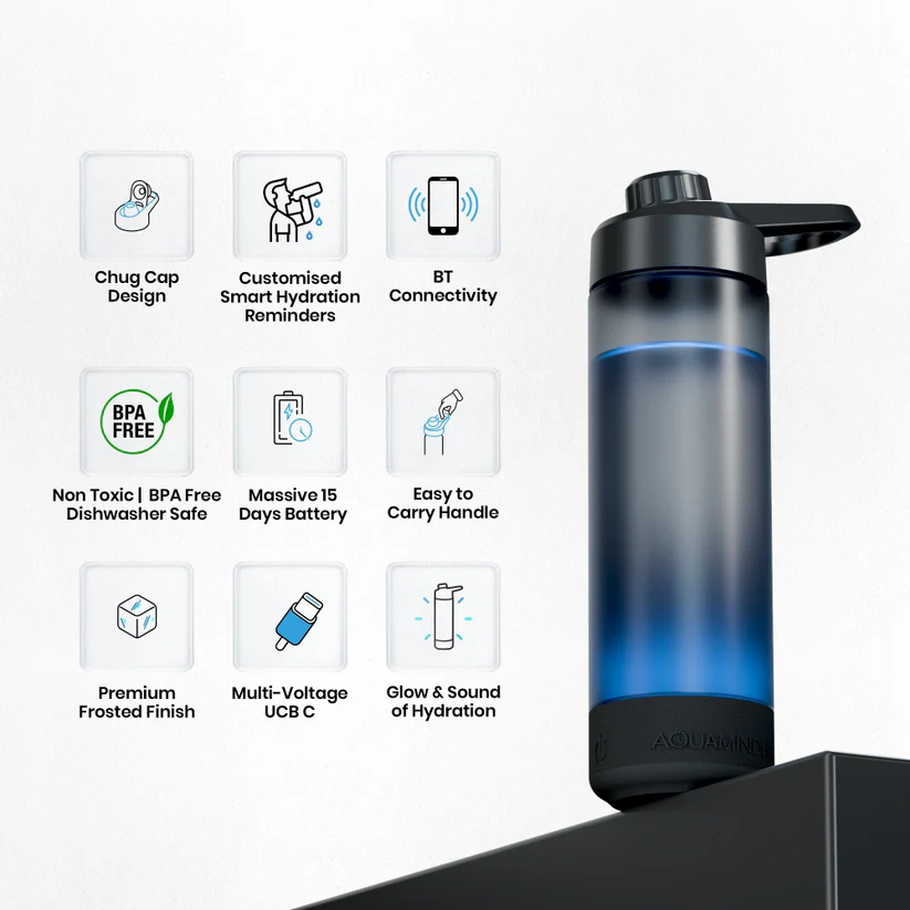 Aquaminder Volga+ Smart Water Bottle 770ml with App Connectivity & Personalized Hydration Reminder Black - Image 3