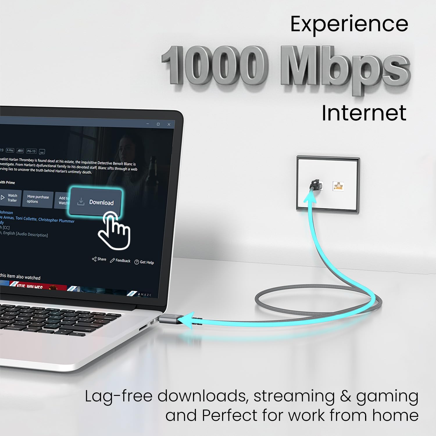 Portronics EtherC, Type-C to RJ45 Ethernet Cable, CAT-6 Certified, 1000 Mbps High-Speed Internet, Gold-Plated Connectors, Braided Nylon, 2 Meter Long, Compatible with Laptops, MacBook, iPad & More - Image 2