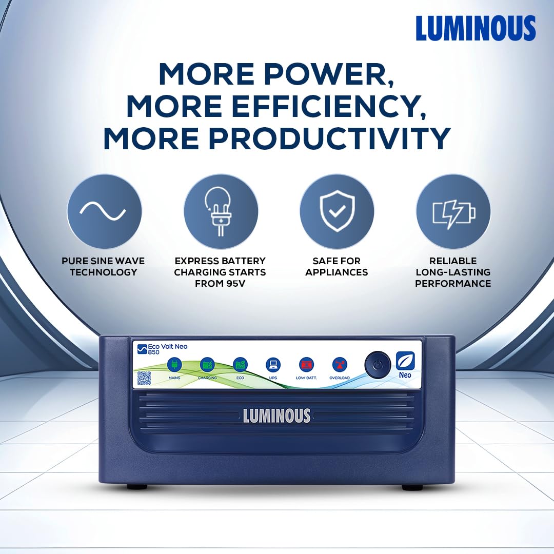 Luminous Eco Volt Neo 850 Pure Sine Wave 700VA/12V Inverter with Red Charge RC 15000PRO 120Ah Battery Combo | Ideal for Home, Office & Shops | 36M Inverter & 48M Battery Warranty - Image 3