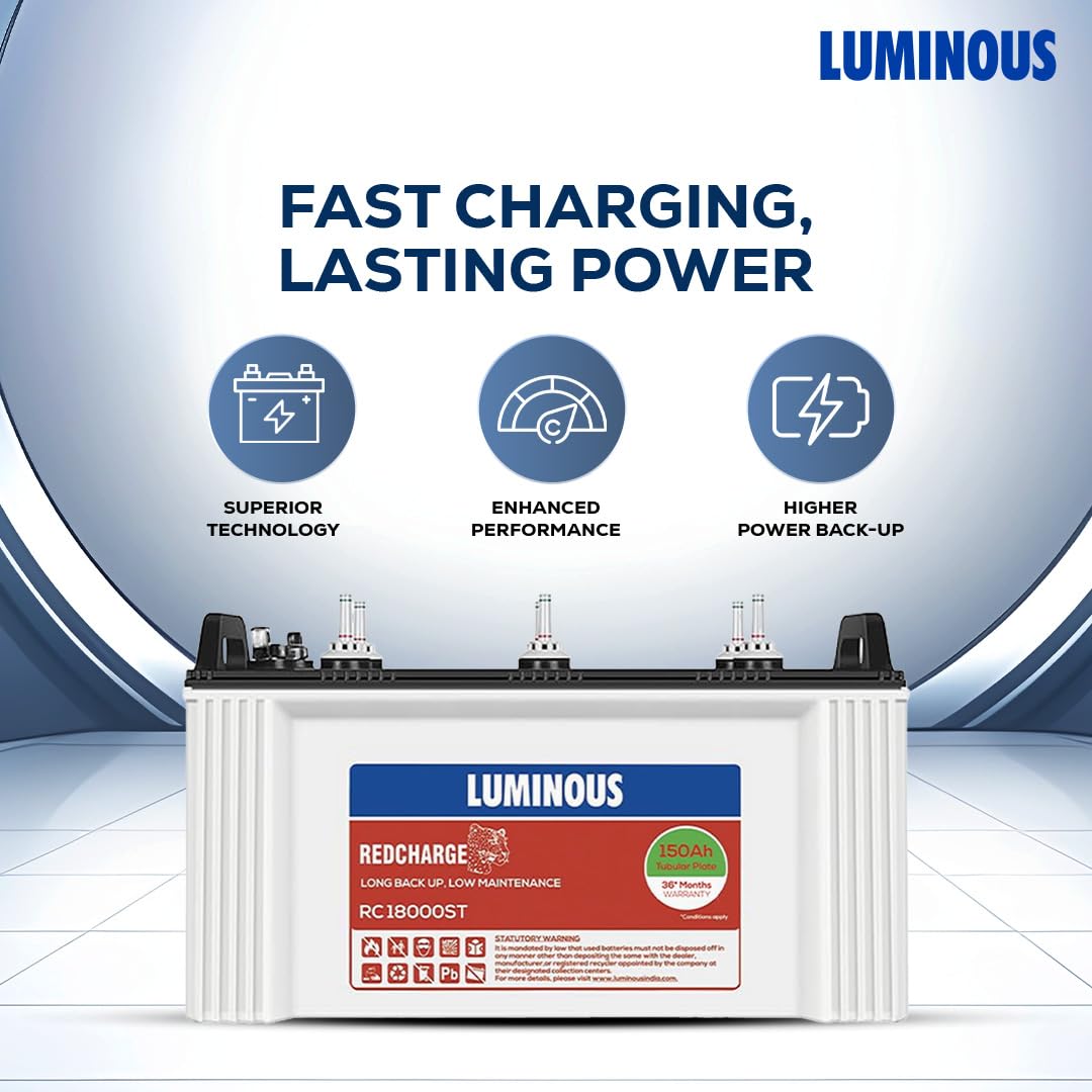 Luminous Inverter & Battery Combo with Trolley for Home, Shop & Office – Zolt 1100 (900VA/12V) Pure Sine Wave Inverter + RC18000ST 150Ah Short Tubular Battery | 36M Warranty on Inverter & Battery - Image 4