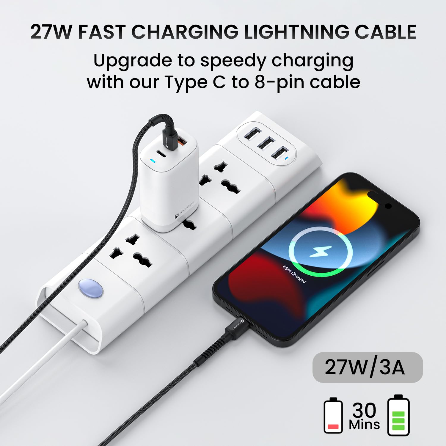 Portronics Konnect X 27W Type C to 8 Pin Fast Charging Strong Braided Cable, Metal Heads, 2M Length, Supports all 8 Pin & Lightning Devices (Black) - Image 6