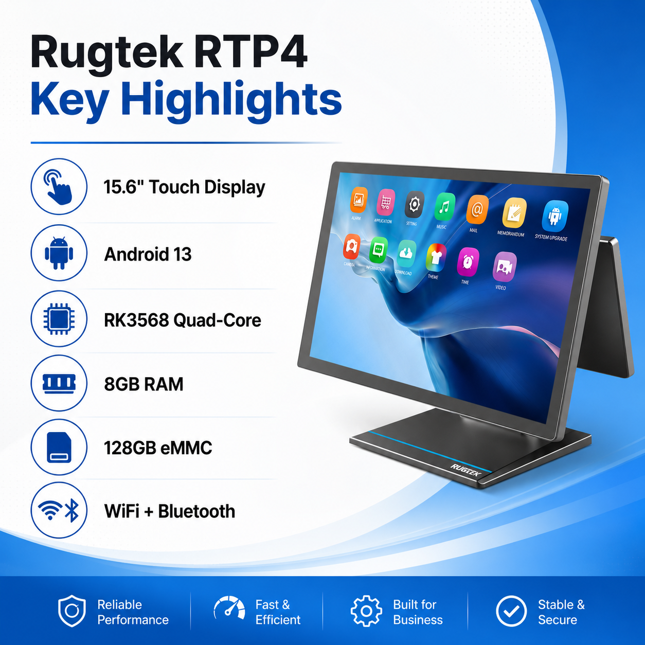 Rugtek RTP4 POS Machine – 15.6" Sleek Android 13 Terminal, RK3568 Quad-Core, 8GB RAM, 128GB eMMC, WiFi+BT, Multiple Ports, 1 Year Onsite Warranty - Image 3