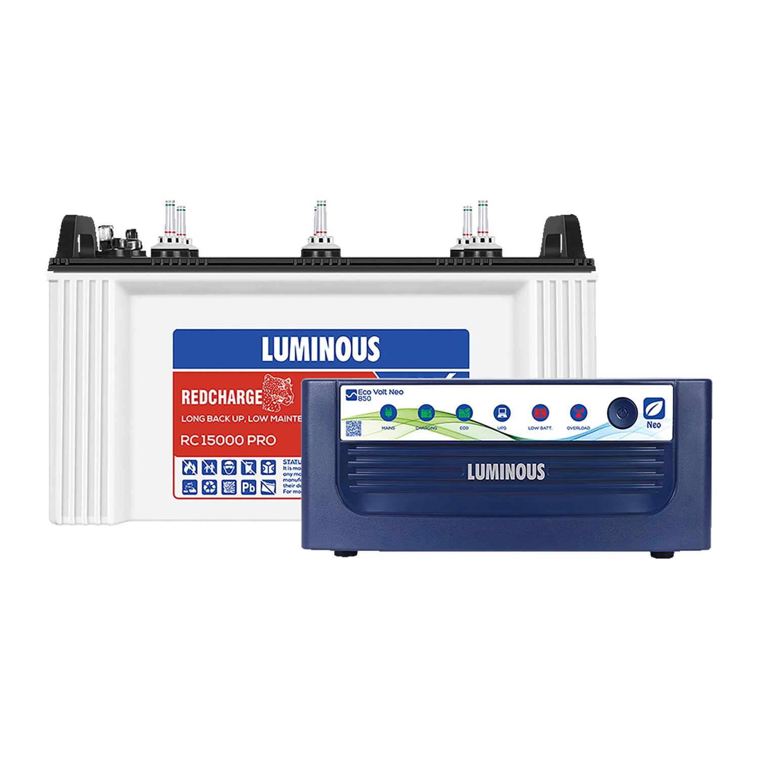 Luminous Eco Volt Neo 850 Pure Sine Wave 700VA/12V Inverter with Red Charge RC 15000PRO 120Ah Battery Combo | Ideal for Home, Office & Shops | 36M Inverter & 48M Battery Warranty - Image 1