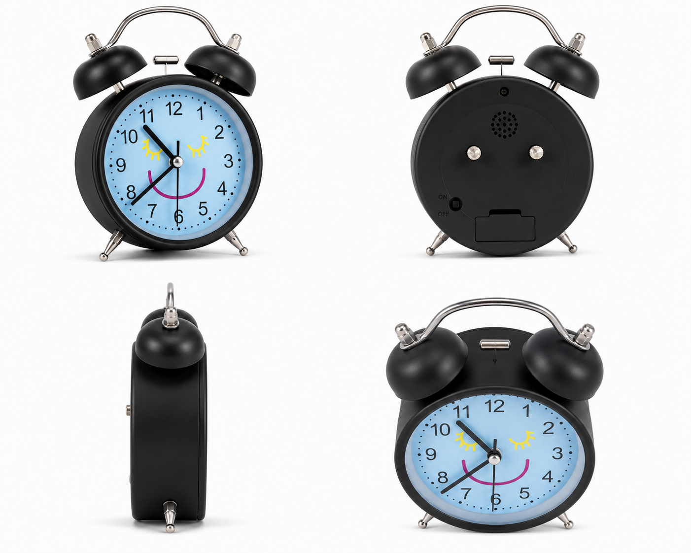 Black Twin Bell Analog Alarm Clock with Smiley Face Blue Dial - Image 5