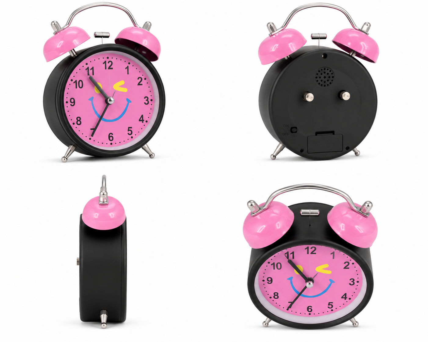 Black & Pink Twin Bell Analog Alarm Clock with Smiley Face Dial - Image 5