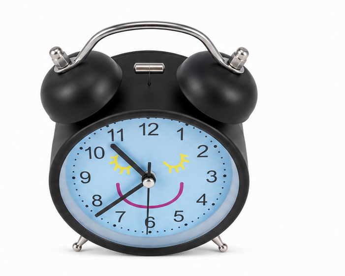 Black Twin Bell Analog Alarm Clock with Smiley Face Blue Dial - Image 2