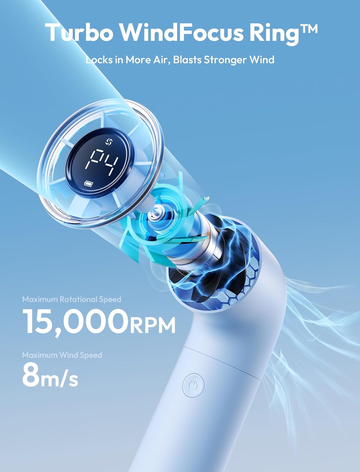 Aecooly Portable Handheld Fan, Powerful Turbo Mini Fan, 15000 RPM High Speed Aero, 8H Max Cooling Time, 4 Speeds Pocket Rechargeable Personal Small Travel GIfts for Women Men -Blue - Image 3