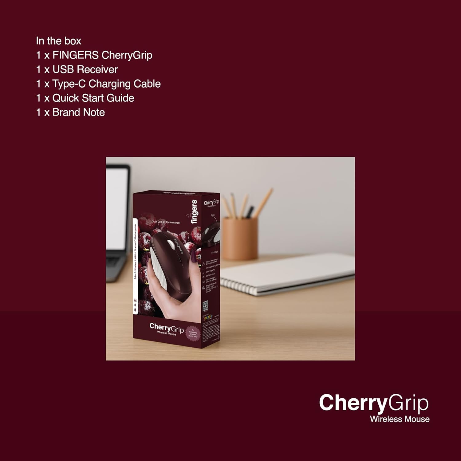 FINGERS CherryGrip Wireless Mouse - 3-in-1 (Bluetooth + USB Receiver + Rechargeable), Adjustable DPI (800/1200/1600), Ambidextrous, Anti-Slip Grip, Simple Plug-n-Play - Cherry Red - Image 8