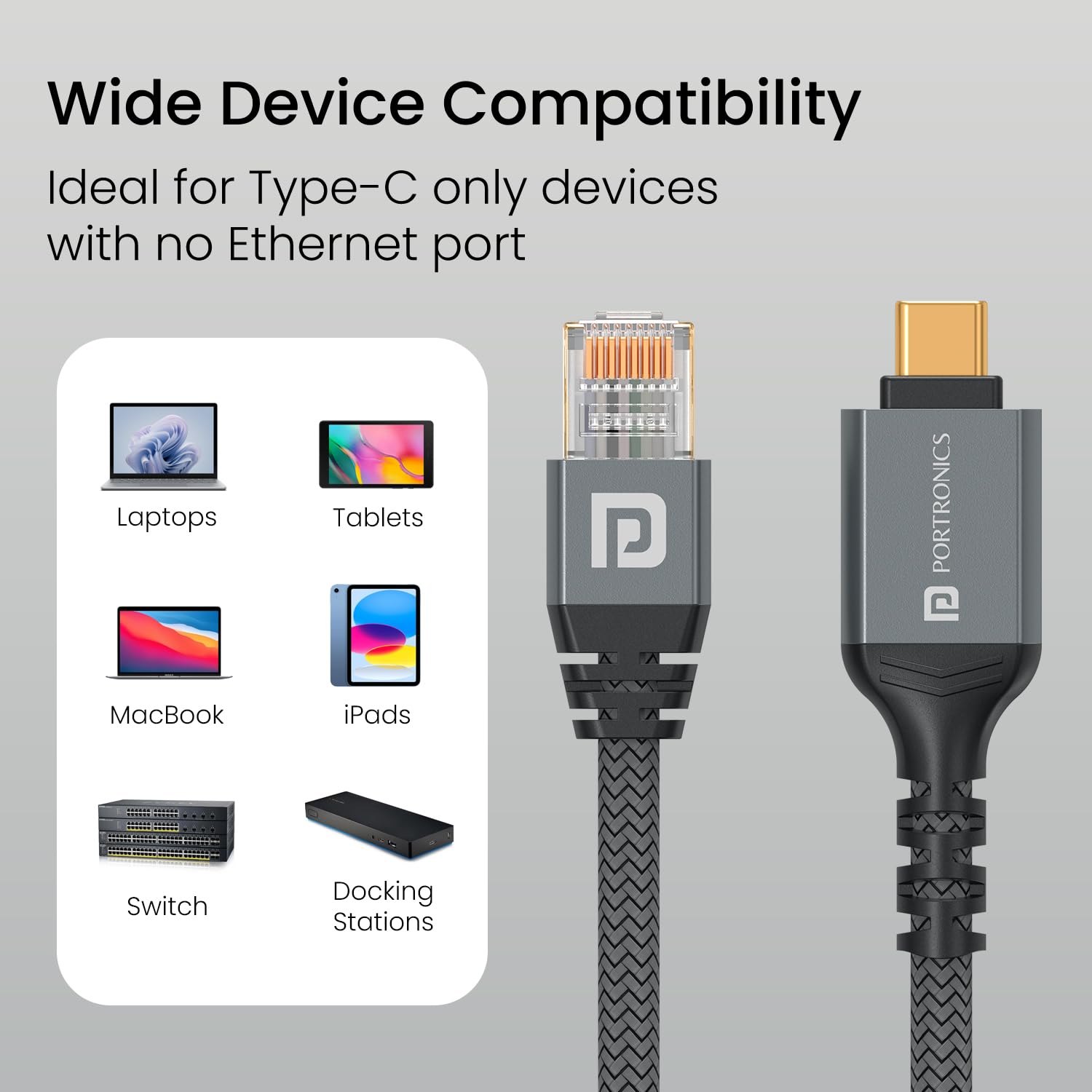 Portronics EtherC, Type-C to RJ45 Ethernet Cable, CAT-6 Certified, 1000 Mbps High-Speed Internet, Gold-Plated Connectors, Braided Nylon, 2 Meter Long, Compatible with Laptops, MacBook, iPad & More - Image 6