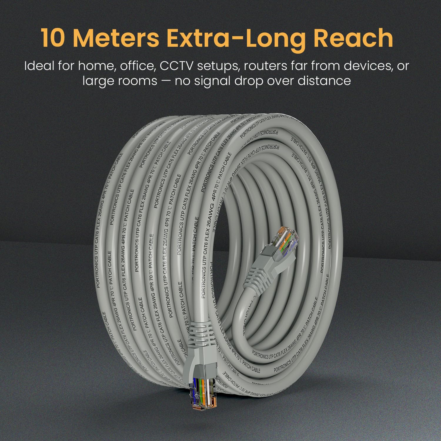 Portronics NetX10 CAT-6 Ethernet Cable 10M, RJ45 to RJ45 LAN Cable, 1000 Mbps Speed, 250 MHz Bandwidth, Copper-Plated Connectors & Copper Clad Wires, Durable PVC Build,for Router,PC,CCTV,Laptop(Grey) - Image 2
