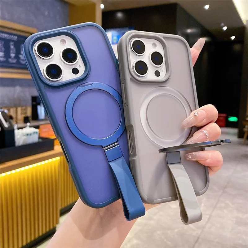 For iPhone 16 Pro Case TPU PC Phone Back Cover with Integrated Lanyard Metal Kickstand - Sapphire - Image 3