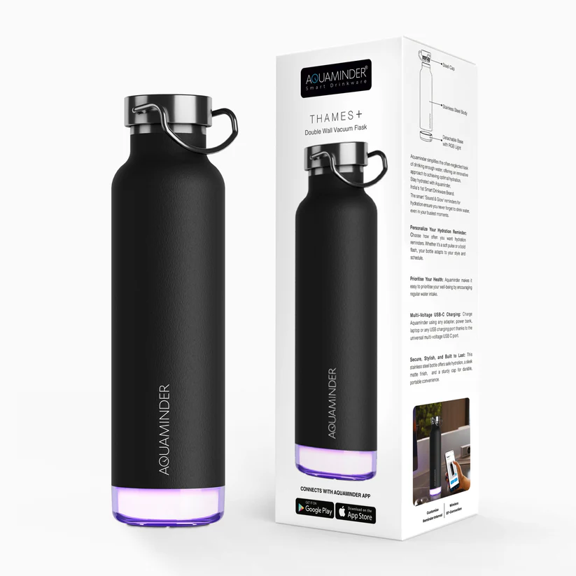Aquaminder Thames+ Smart Water Bottle 600ml SS304 with App Connectivity – Black - Image 1