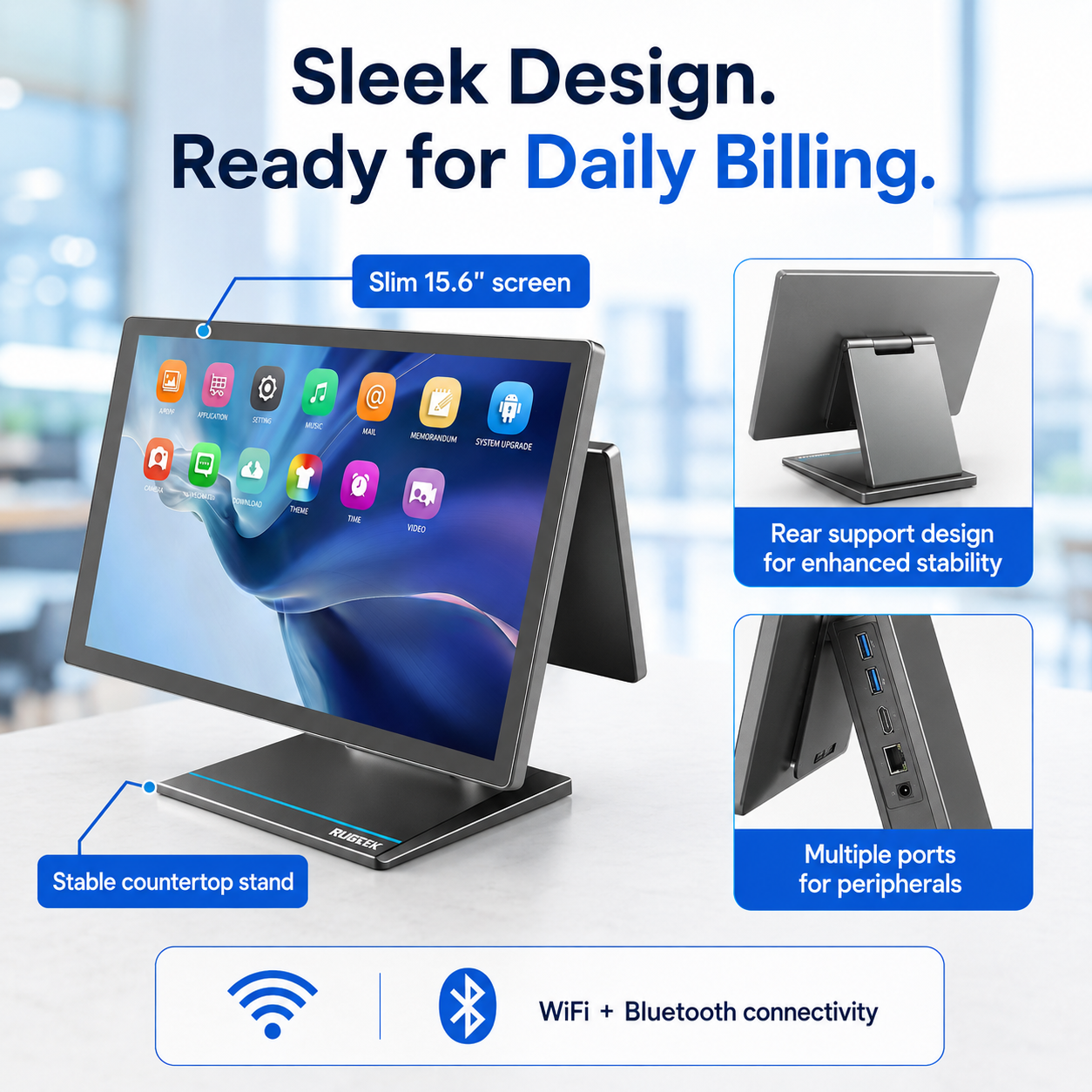 Rugtek RTP4 POS Machine – 15.6" Sleek Android 13 Terminal, RK3568 Quad-Core, 8GB RAM, 128GB eMMC, WiFi+BT, Multiple Ports, 1 Year Onsite Warranty - Image 4