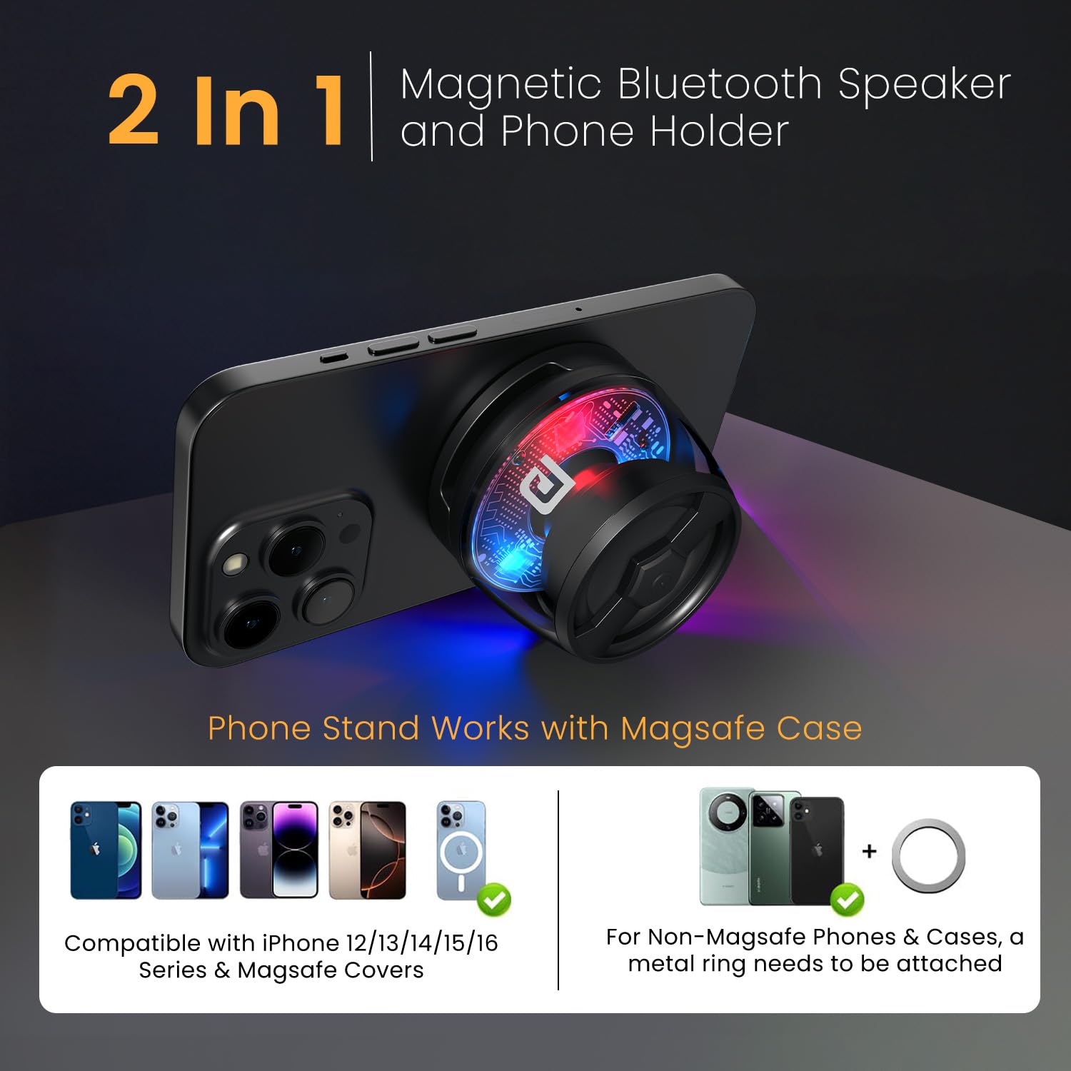 Portronics Nadya 6W Magnetic Bluetooth Speaker with MagSafe Mobile Stand, HD Sound, Upto 4 Hours Playtime, 40mm Driver, RGB LED Lights, Bluetooth 5.3V, Transparent Speaker, Type C Charging(Black) - Image 3