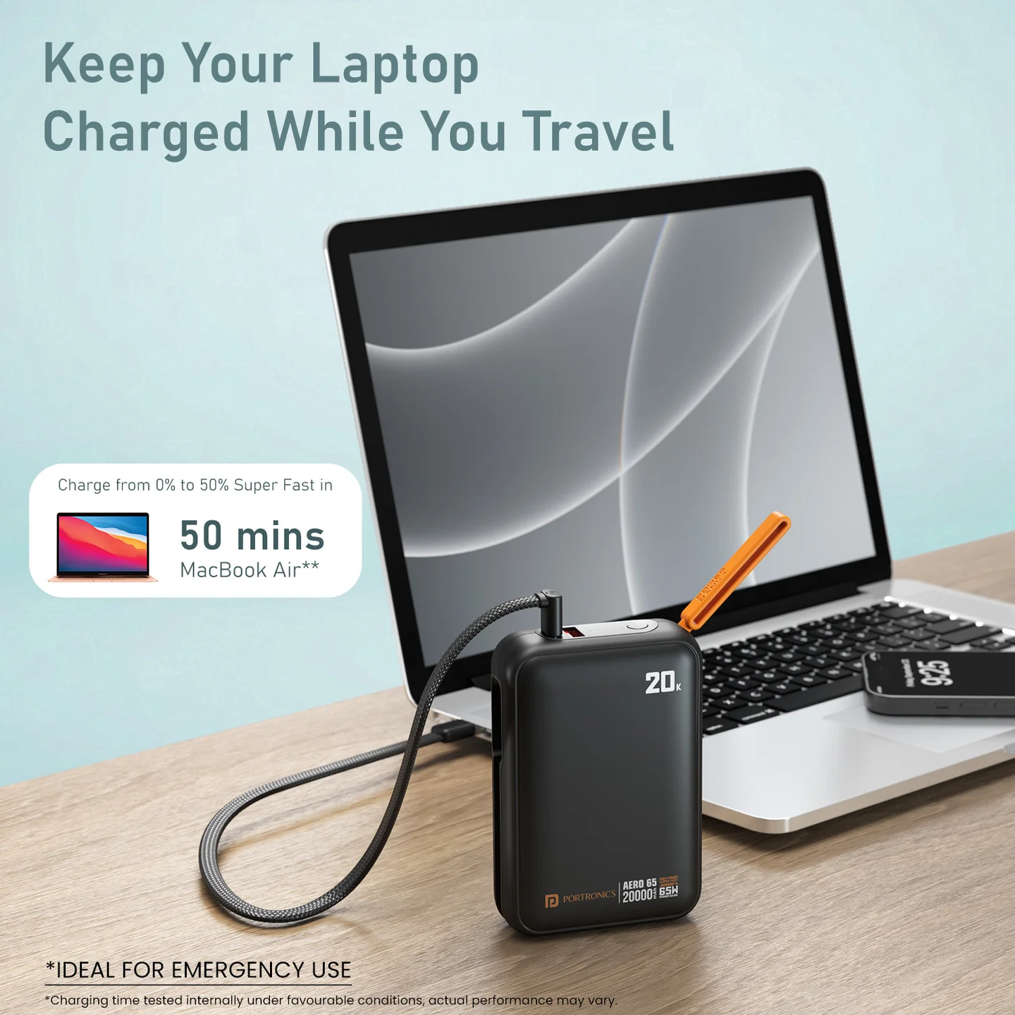 Portronics Aero 65 20000mAh 65W Fast Charging Power Bank with Built-in Type-C Cable, LED Display, USB-C PD & USB-A Port – Black - Image 5