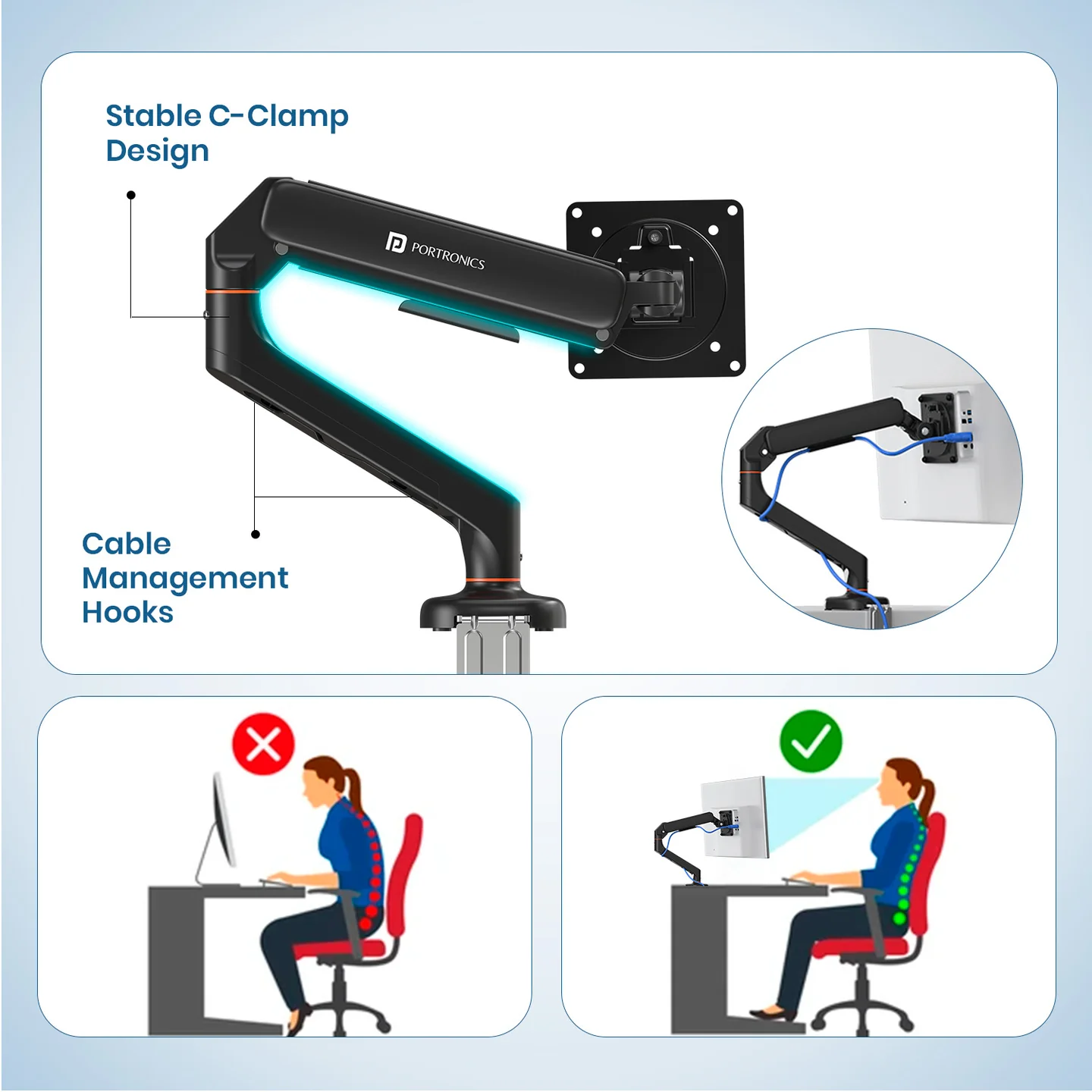 Portronics AeroLift Solo Single Monitor Arm (13–32 Inch, VESA Mount, Aluminum Build, Adjustable Desk Mount, Black) - Image 5