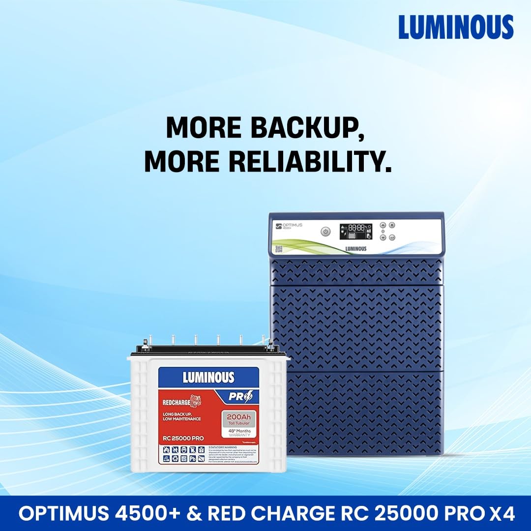 Luminous HKVA Inverter for Home, Office & Shop with Luminous Battery, Optimus 4500+ Pure Sine Wave 4000VA,48 Volt Inverter with Red Charge RC 25000 PRO Tall Tubular 200 Ah- 4 Batteries Combo. - Image 2