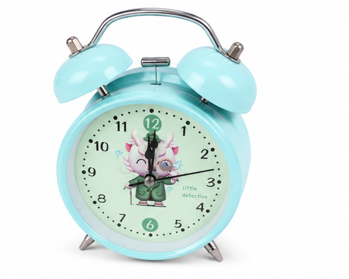 Aqua Blue Twin Bell Analog Alarm Clock with Cartoon Detective Dial - Image 2