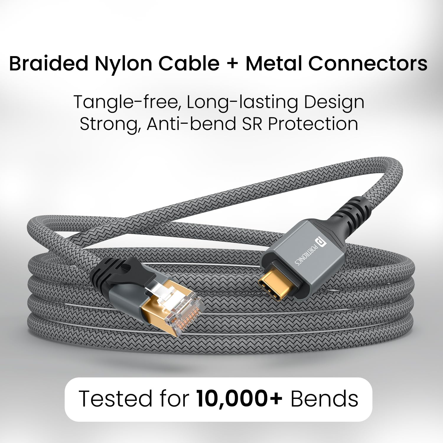 Portronics EtherC, Type-C to RJ45 Ethernet Cable, CAT-6 Certified, 1000 Mbps High-Speed Internet, Gold-Plated Connectors, Braided Nylon, 2 Meter Long, Compatible with Laptops, MacBook, iPad & More - Image 4