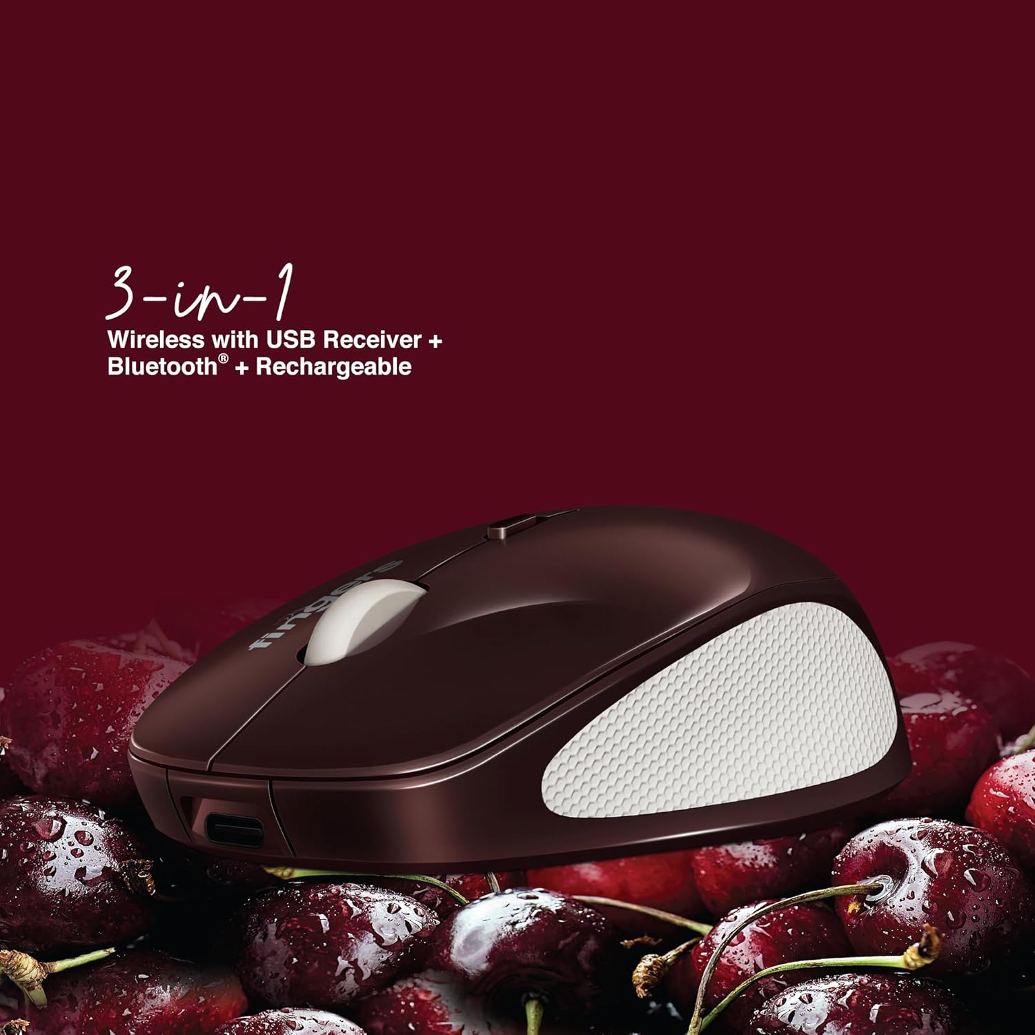 FINGERS CherryGrip Wireless Mouse - 3-in-1 (Bluetooth + USB Receiver + Rechargeable), Adjustable DPI (800/1200/1600), Ambidextrous, Anti-Slip Grip, Simple Plug-n-Play - Cherry Red - Image 6