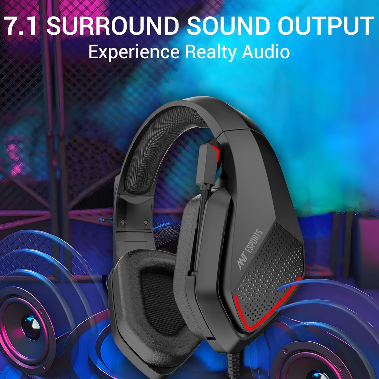 Ant Esports H590 7.1 Surround Sound Gaming Headset, USB Wired Over-Ear Headphones with 50mm Drivers, Noise Cancelling Mic, Red LED, Soft Earmuffs, for PC, PS5, Xbox, Laptop - Image 2