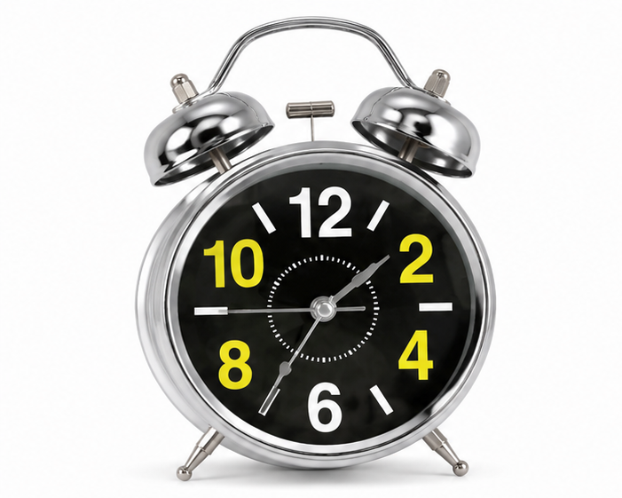 Silver Twin Bell Analog Alarm Clock with Black Dial – Yellow & White Numbers - Image 1