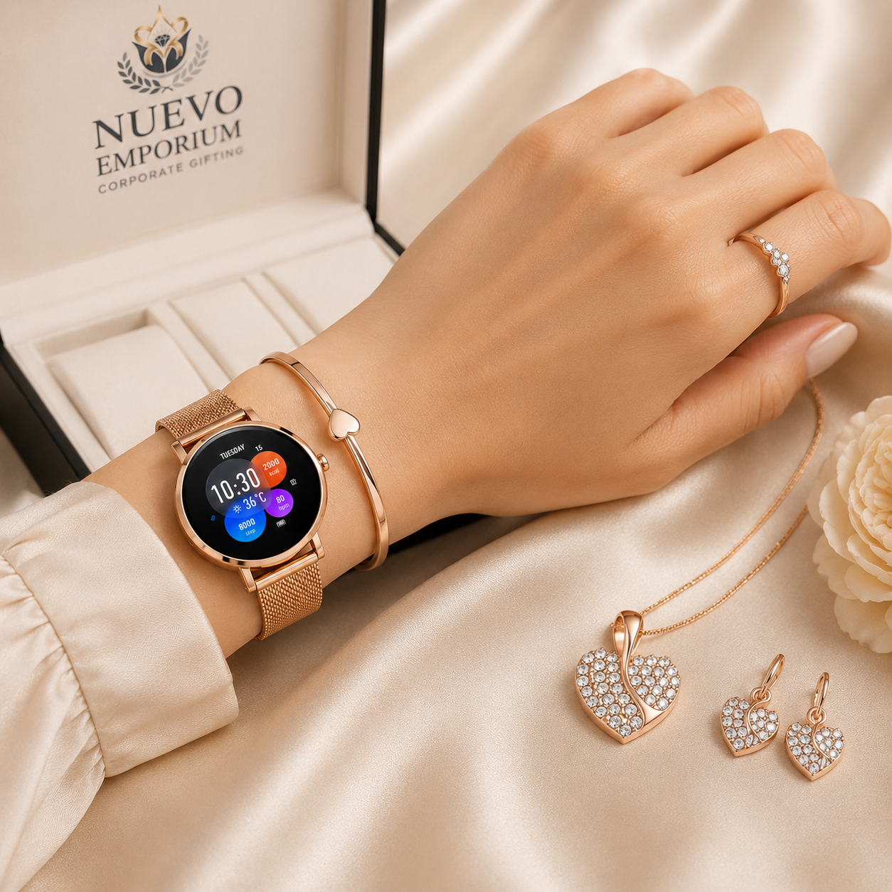Nuevo AuraSync Luxe – Urban Smartwatch & Premium Jewellery Gift Set | Elegant Rose Gold Fashion Accessories | Luxury Gift Box - Image 6
