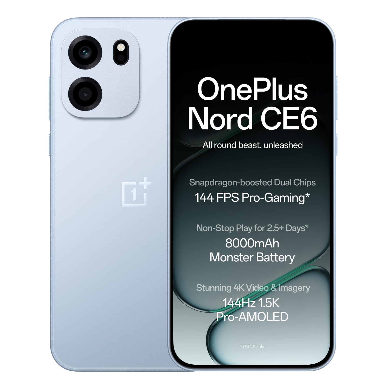 OnePlus Nord CE6 | 8GB+128GB | Fresh Blue | Snapdragon 7s Gen 4 | Segment's Fastest Touch Response | 8000mAh Battery | 144Hz 1.5K AMOLED Display | 50MP Main + 32MP Selfie 4K Cameras | IP66,68,69,69K - Image 1