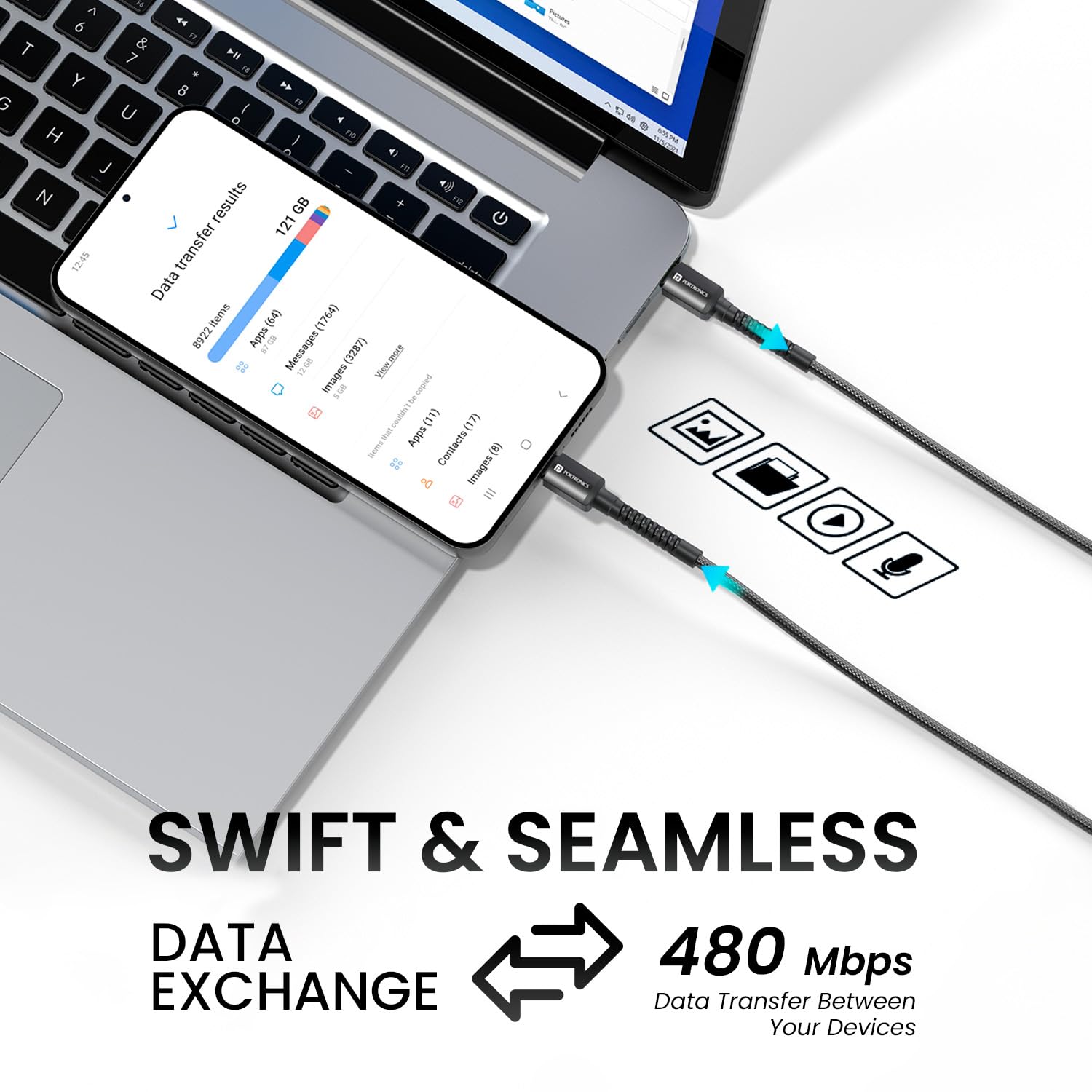 Portronics Konnect X 27W Type C to 8 Pin Fast Charging Strong Braided Cable, Metal Heads, 2M Length, Supports all 8 Pin & Lightning Devices (Black) - Image 3