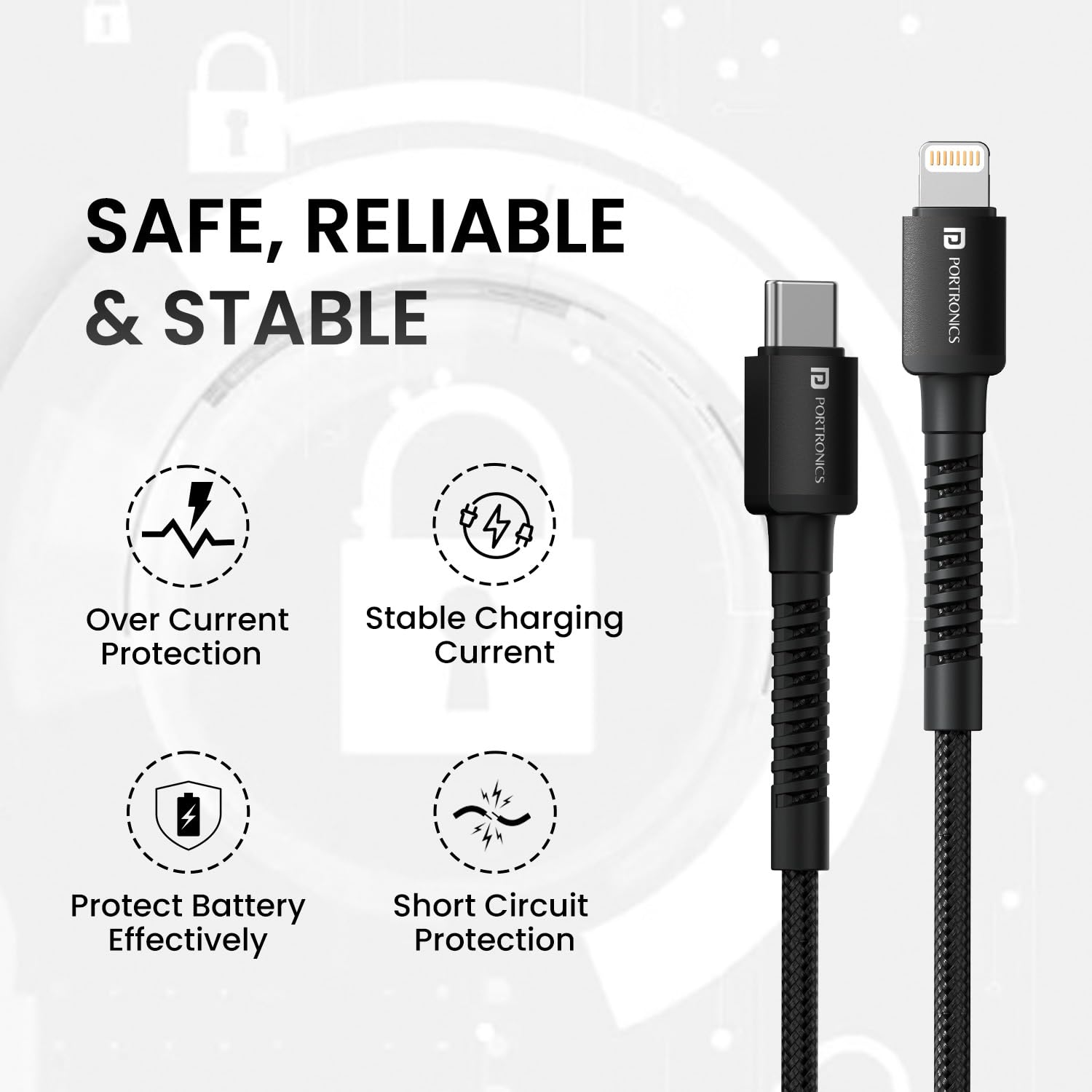 Portronics Konnect X 27W Type C to 8 Pin Fast Charging Strong Braided Cable, Metal Heads, 2M Length, Supports all 8 Pin & Lightning Devices (Black) - Image 2