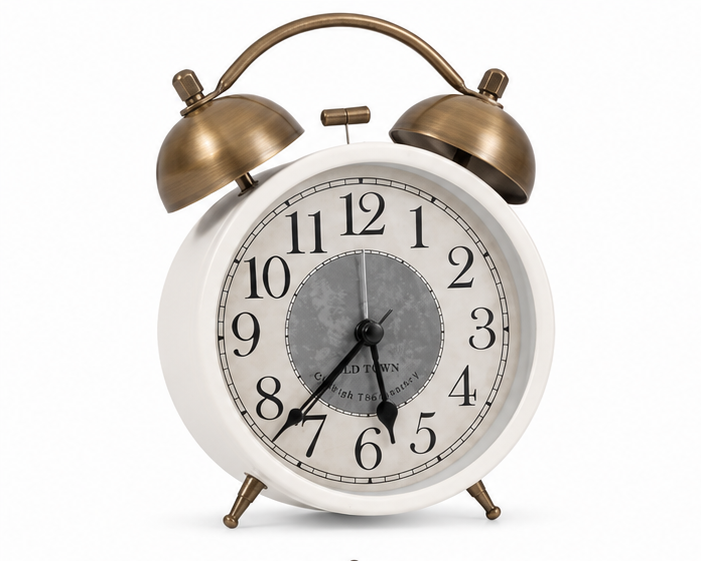 White Vintage Twin Bell Analog Alarm Clock with Antique Gold Bells - Image 1