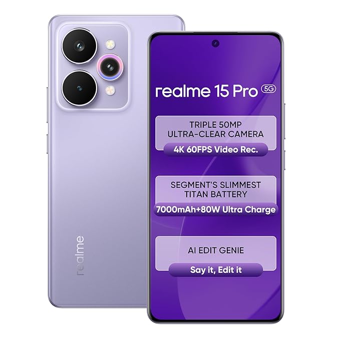 realme 15 Pro 5G Smartphone 12+256GB Purple,4K 60FPS,144Hz HyperGlow 4D Curve Display,7000mAh Battery,80W SuperVOOC, Camera Triple 50MP, Snapdragon 7 Gen 4, IP69 - Image 1